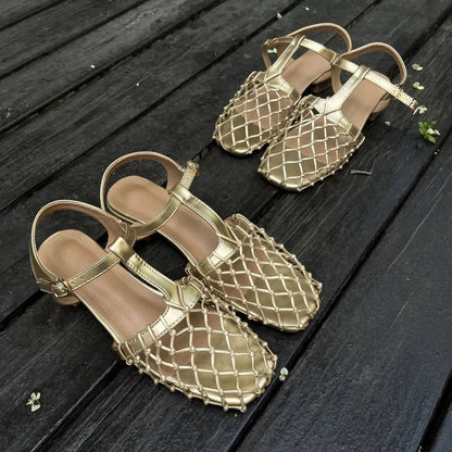 French Retro Hollowed Out Mesh Sandals Square Toe Sandals for Back Hollow Buckle Strap Flat Shoes Summer