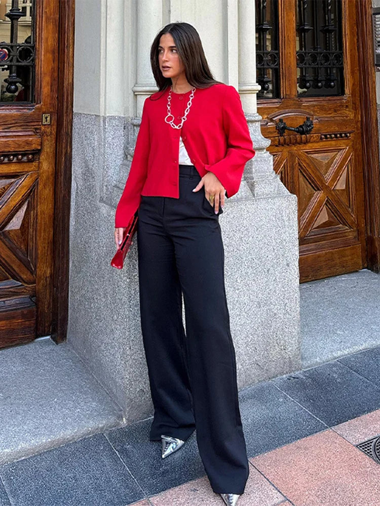 Slim Fit Jacket Round Neck Single Breasted Long Sleeve Short Jackets Color Coat Outerwears