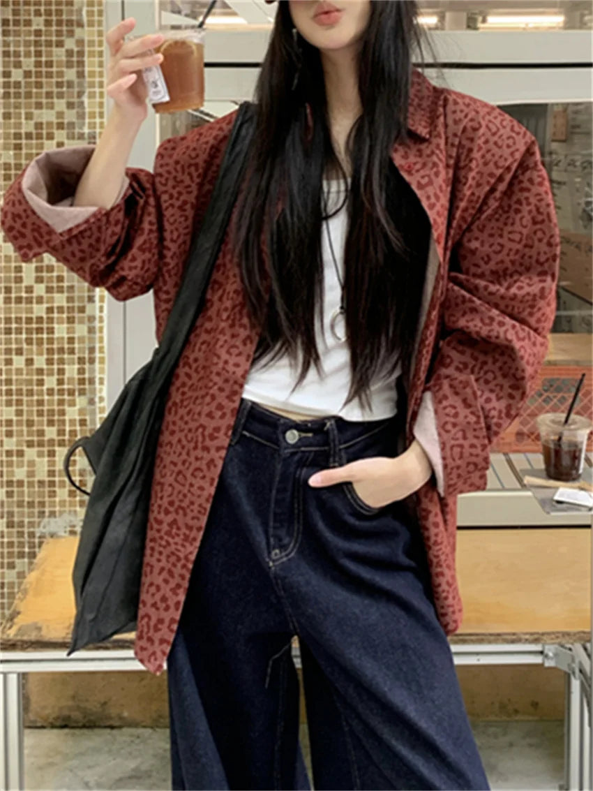 Ankela Red Jackets Leopard Loose New Autumn All Match Coats Denim Wide Leg Jeans