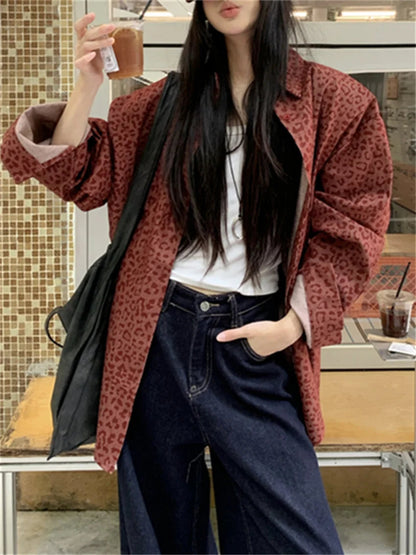 Ankela Red Jackets Leopard Loose New Autumn All Match Coats Denim Wide Leg Jeans