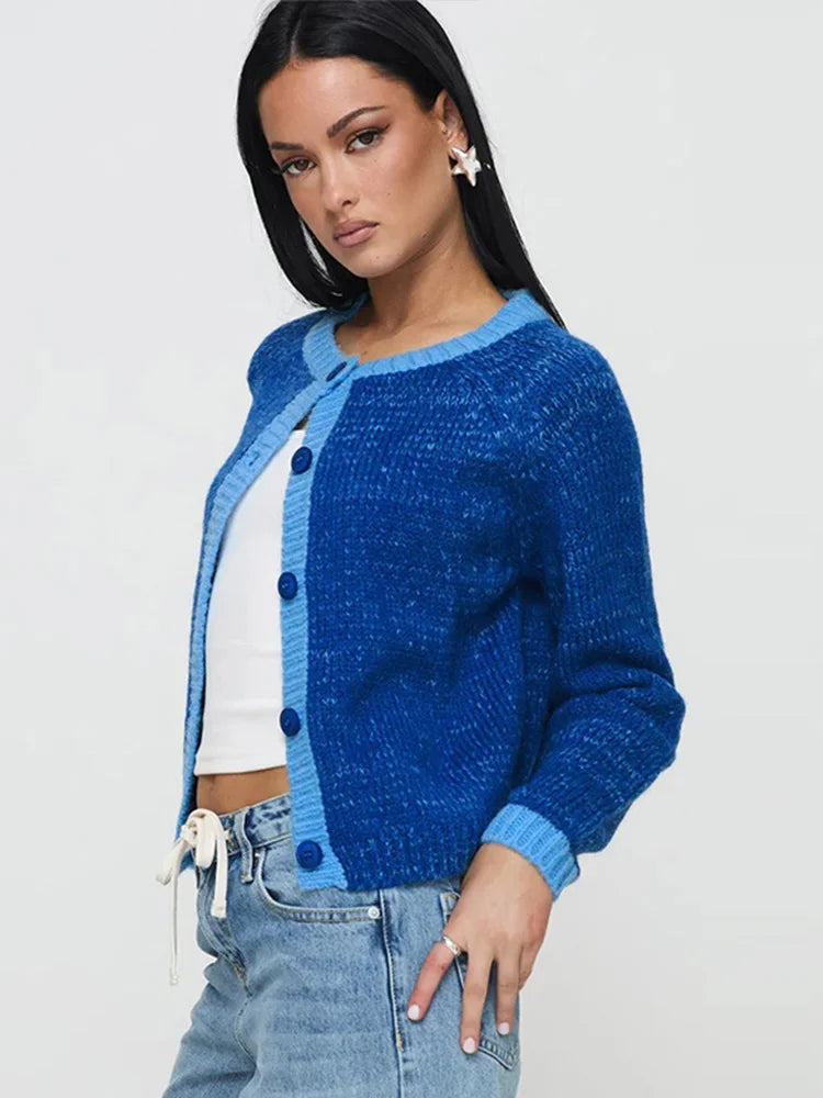 Knitted Single-breasted Cardigan Loose Contrast Color O-neck Pullover Sweaters Female Autumn Street Tops