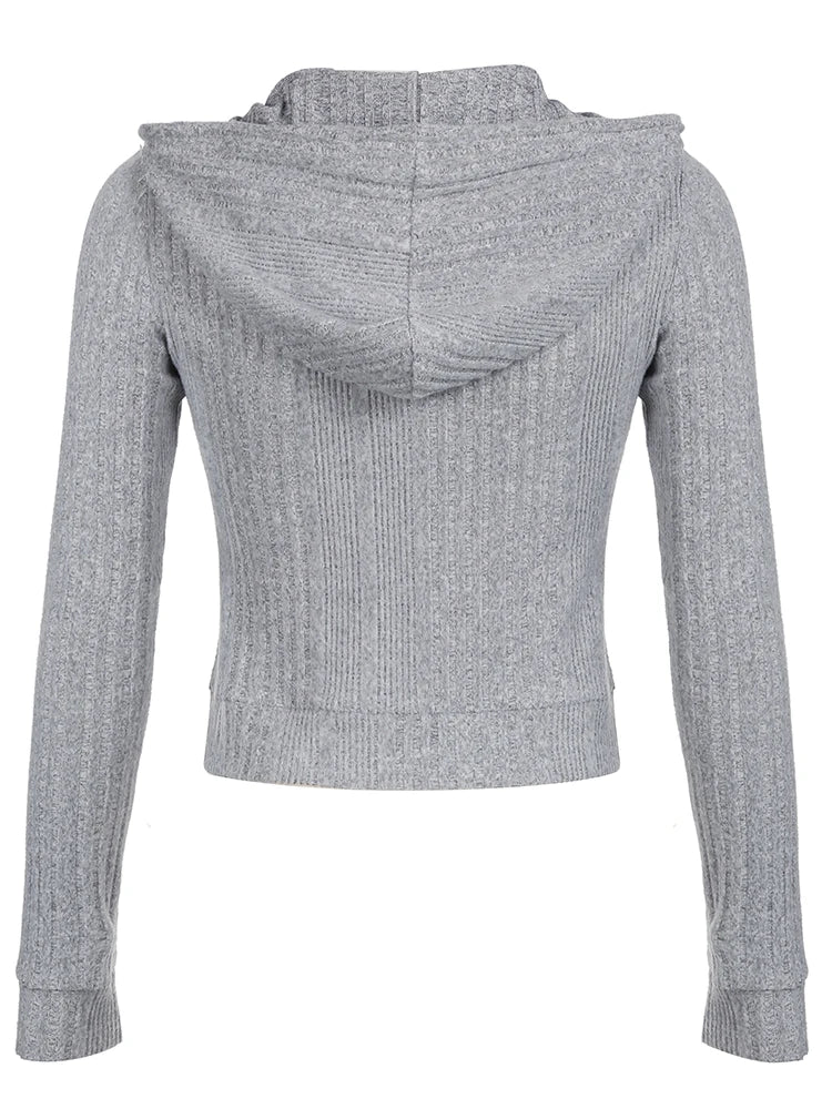 Gray Zip Up Knitted Hooded Jackets Pockets Details Simple Basic Minimalist Slim Long Sleeve Hoodies Knitwear
