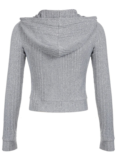 Gray Zip Up Knitted Hooded Jackets Pockets Details Simple Basic Minimalist Slim Long Sleeve Hoodies Knitwear