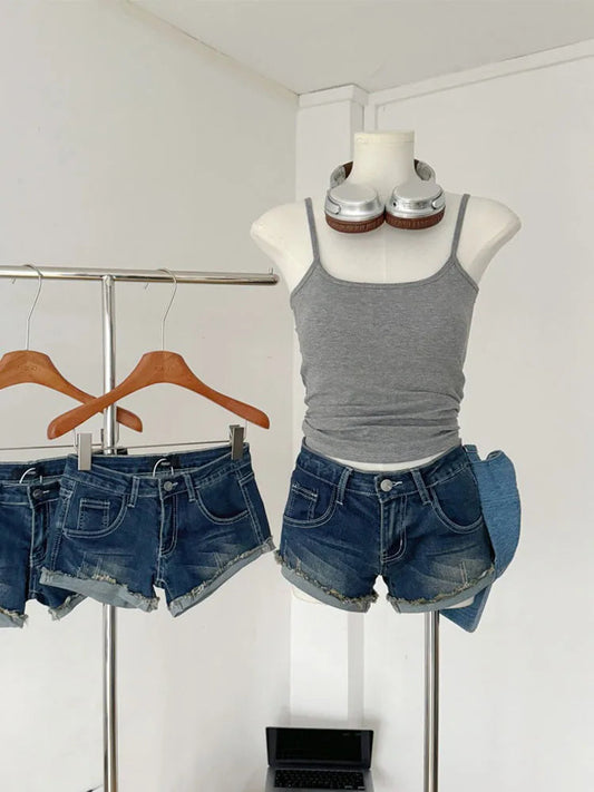 Korean Blue Denim Shorts Coquette Gyaru High Waist Jeans Short Grunge Hot Pants Raw Edge American Retro
