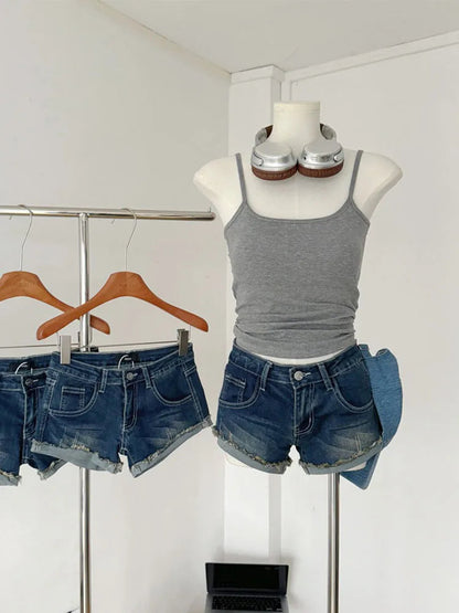 Korean Blue Denim Shorts Coquette Gyaru High Waist Jeans Short Grunge Hot Pants Raw Edge American Retro