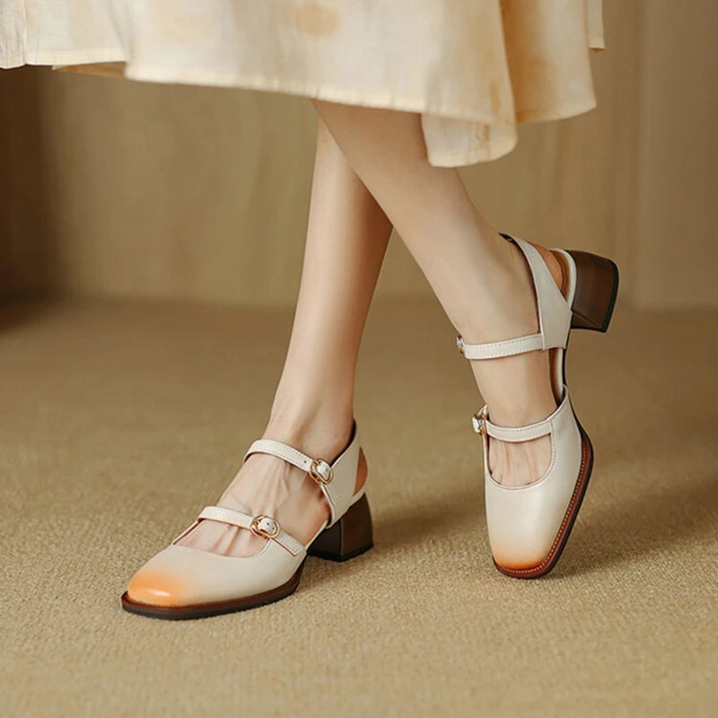 Summer Sandals Genuine Leather Shoes for Square Toe Chunky Heel Shoes Cover Toe Slingback Designer Sandals