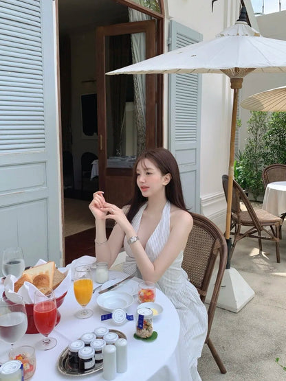 French Vacation Style Hanging Neck Striped Vest Dress Summer New Design Butterfly Bow Long Dresses