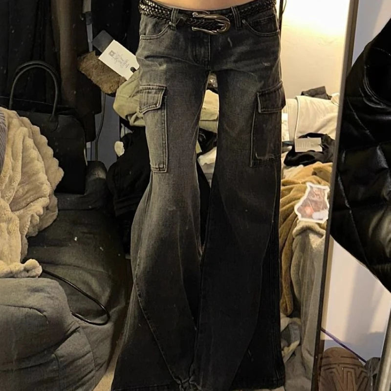 Y2k Flare Cargo Jeans Woman American Retro Low Waist Black Denim Pants Grunge Gothic New Trousers