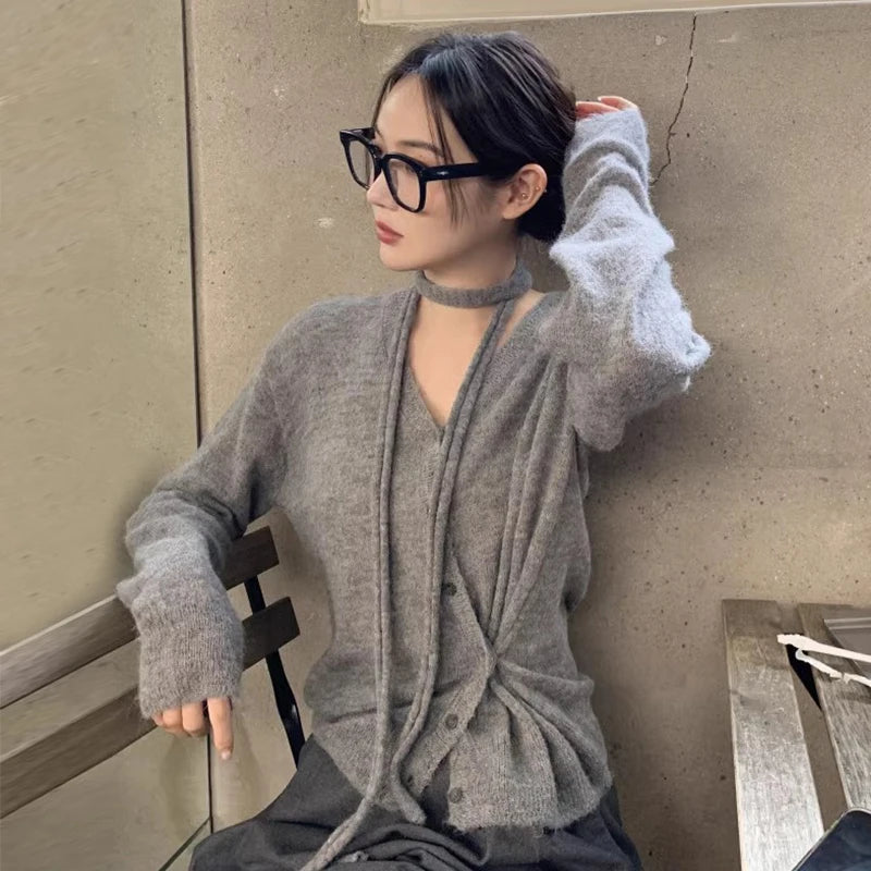 South Korea Cardigan Simple Temperament Vneck Neck Irregular Buckle Waist Slimming Tops Long Sleeve Sweater