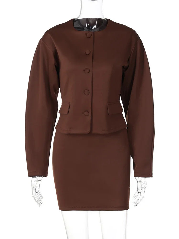 Cardigan Skirt Two Pieces Set Female Button Long Sleeve Top Slim Mini Skirt Matching Set Autumn