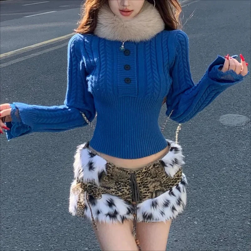 Spring New Korean Lace Splicing Multibutton Color Long Sleeve Sweater + Warm Plush Scarf Twopiece Suit