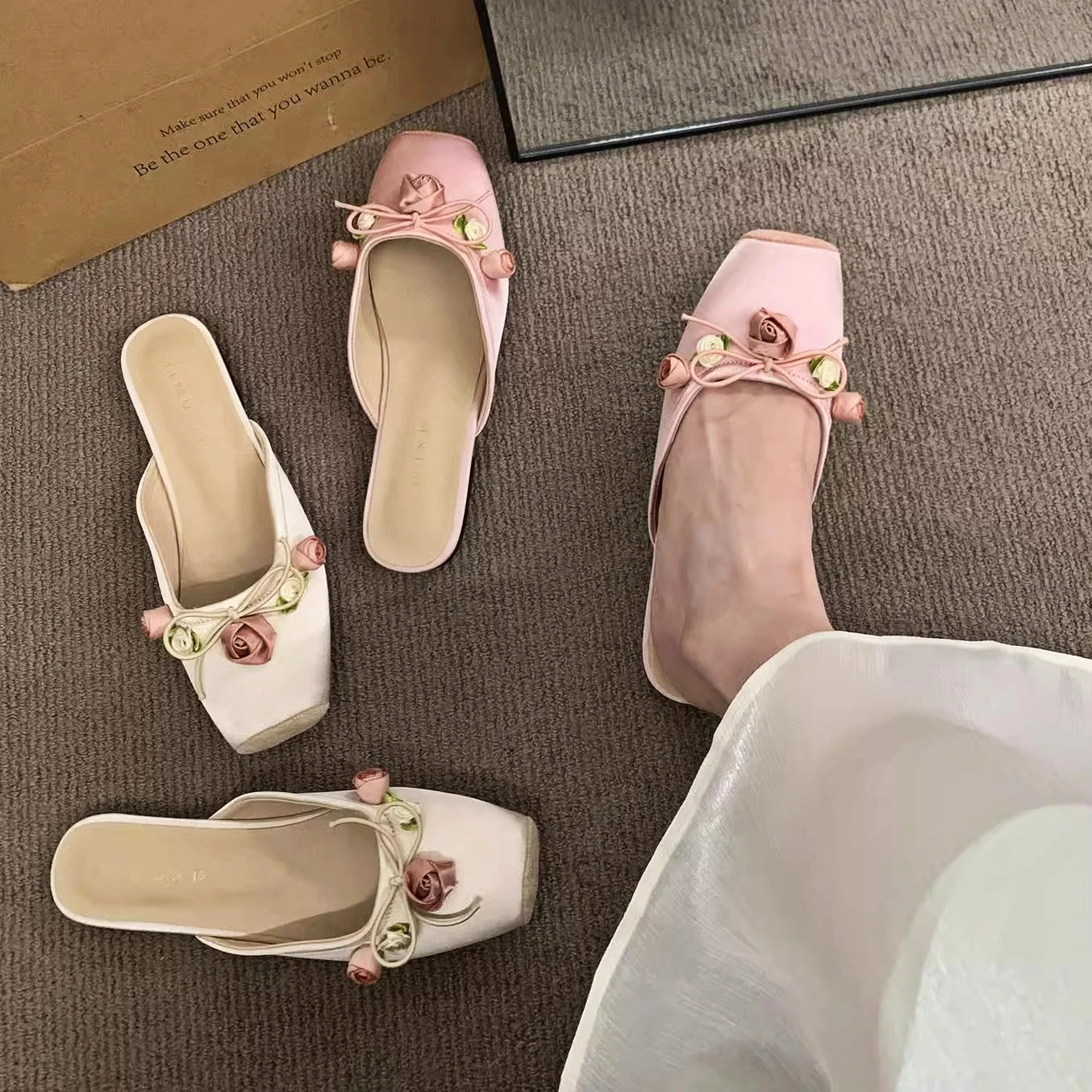 Satin Flower Slippers Summer Nonslip Slide Comfy Light Style Sandals Flat Mule Shoes