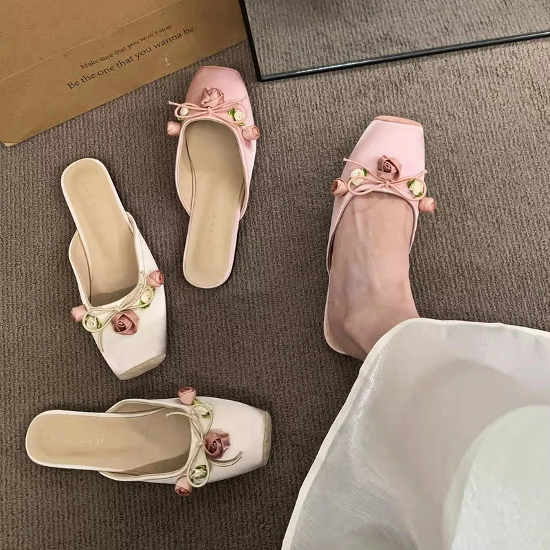 Satin Flower Slippers Summer Nonslip Slide Comfy Light Style Sandals Flat Mule Shoes