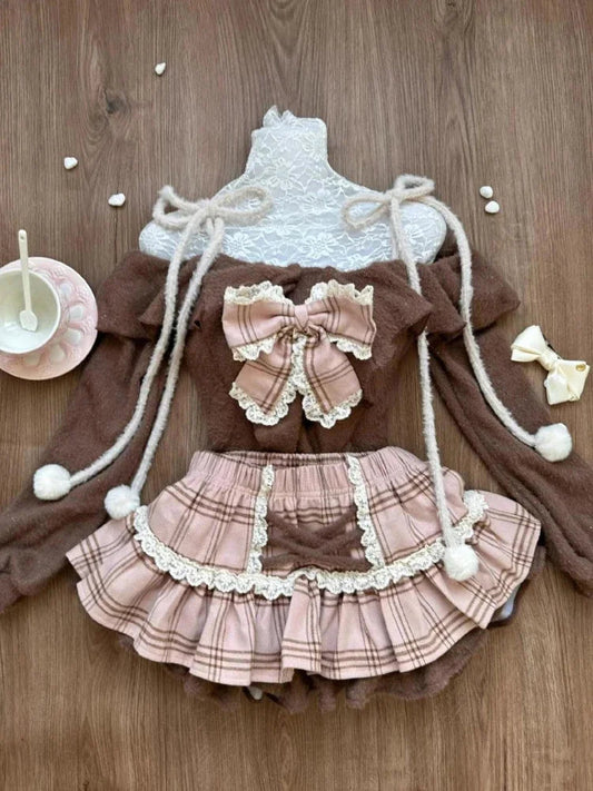 2000s Y2k Suits Retro Brown Crop Tops Sweater + Mini Skirt Japanese Kawaii 2 Piece Sets Korean Party Clothing