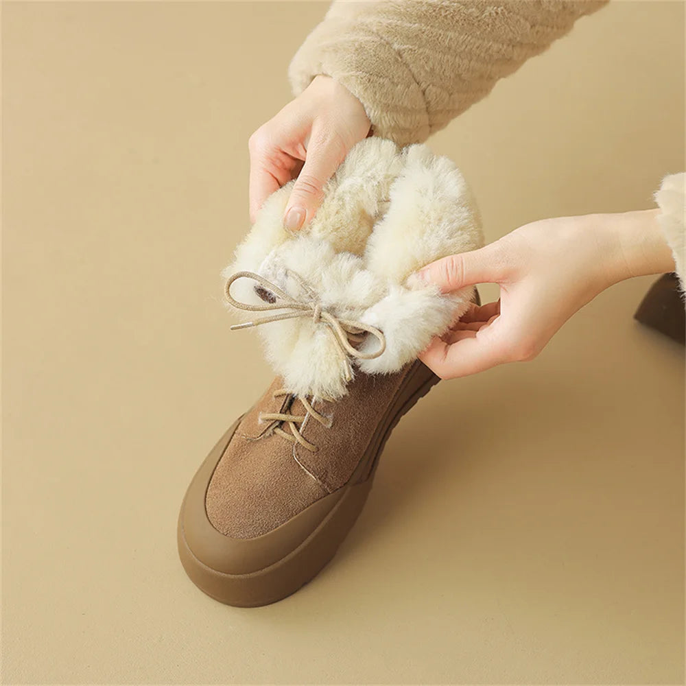 Wool Snow Boots Flats With Platforms Crosstied Ankle Boots Round Toe Fur Short Winter Warm Boots Shoes