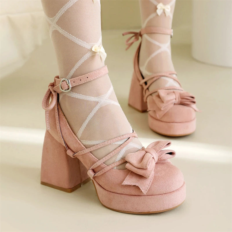 Lolita Bow Bow Decor Pumps Platform Chunky High Heels Ankle Strap Sweet Pumps for Girl Shoes