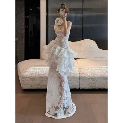 Summer White Strap Slip Maxi Dress Flower Backless Printed Lotus Leaf Edge French Light Evening Dresses for