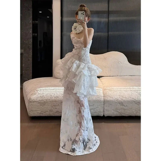 Summer White Strap Slip Maxi Dress Flower Backless Printed Lotus Leaf Edge French Light Evening Dresses for