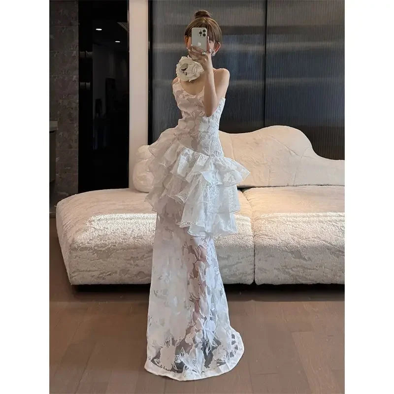 Summer White Strap Slip Maxi Dress Flower Backless Printed Lotus Leaf Edge French Light Evening Dresses for