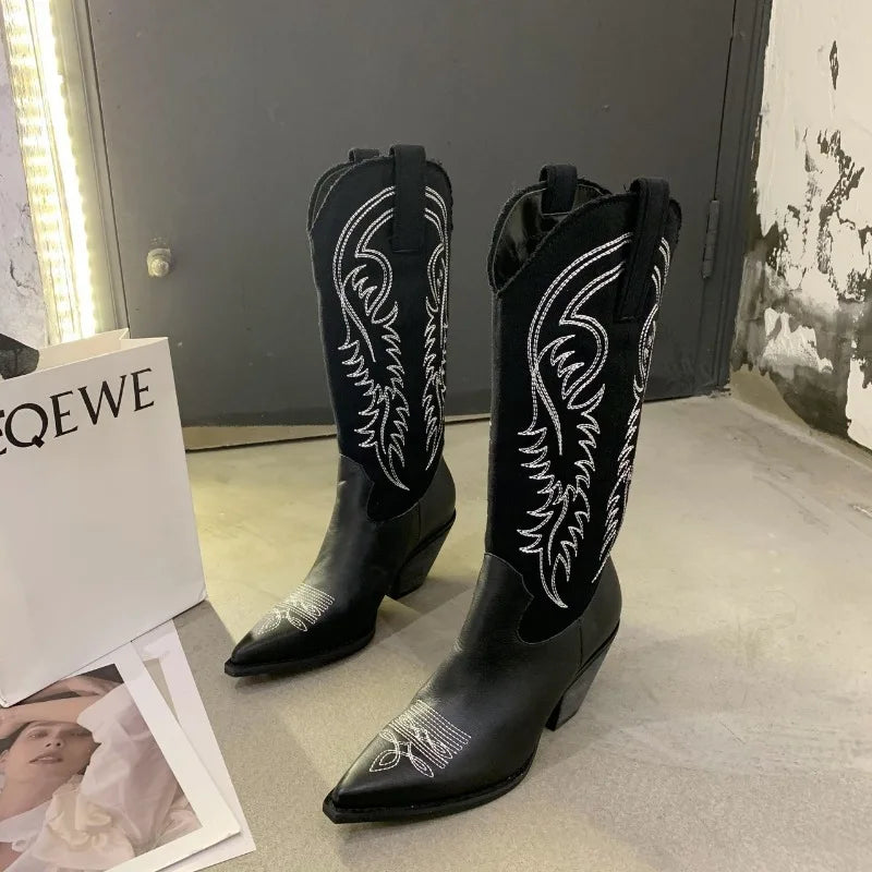Winter New Western Cowboy Boots Pointed Toe High Heel Shoes Embroidery Chelsea Boots Zapatos Mujer