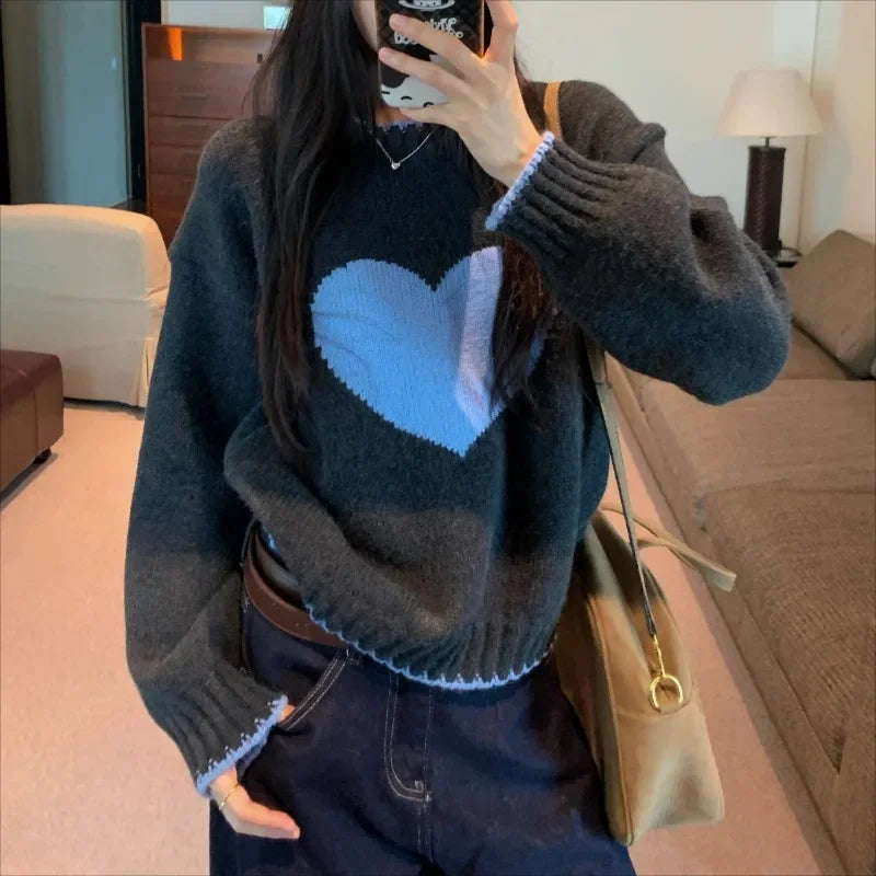 High Street Contrast Color Patchwork Long Sleeve Sweater Spring New Oneck Heart Embroidery Loose Knitted Tops