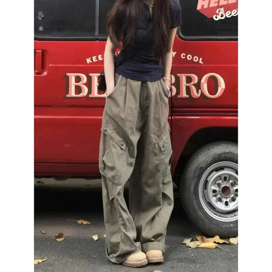 Pleated Pockets Straight Pants Spring New Korean High Waist All Match Loose Cargo Pants
