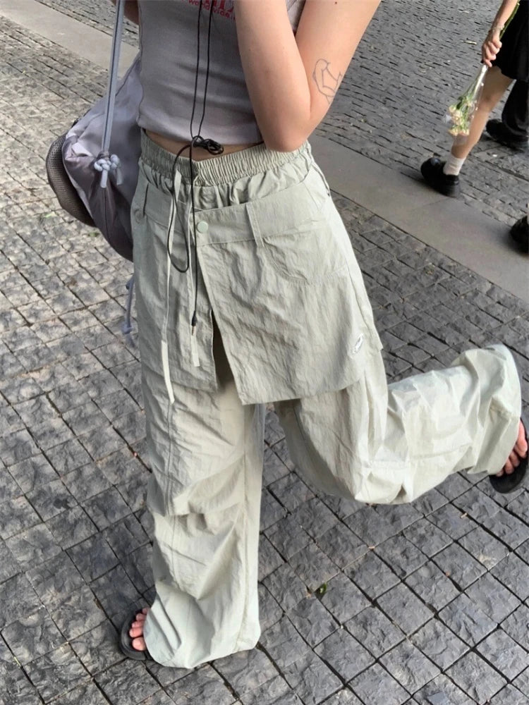 Grey Parachute Pants Woman Baggy Y2k Hip Hop Causal Patchwork Korean Straight Sweatpants Retro Trouser Summer