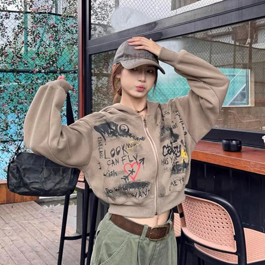 Y2k Hooded Sweatshirt Spring New Letter Print Zipper Jacket American Retro Crop Tops Female Coat