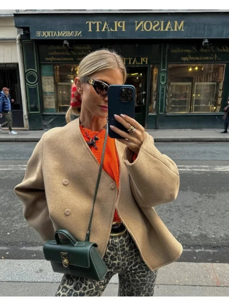 V-neck Khaki Thicken Wool Jacket Autumn Winter Loose Blend Coat Female Warm Outfit Coats for