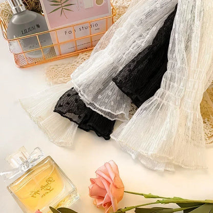 High Collar Mesh Perspective Blouse Summer Thin See Through Slim Bottoming Lace Long Flare Sleeved Tops