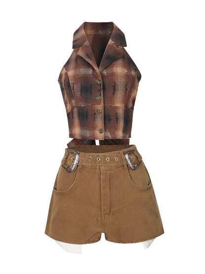 Summer Korean Old Money 2000s Aesthetic Gyaru Suit Vacation Outfits 2 Piece Set Plaid Sleeveless Vest + Hot Shorts