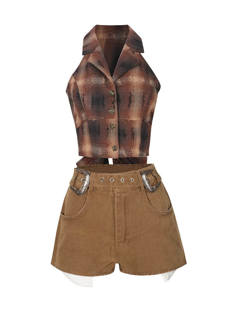 Summer Korean Old Money 2000s Aesthetic Gyaru Suit Vacation Outfits 2 Piece Set Plaid Sleeveless Vest + Hot Shorts