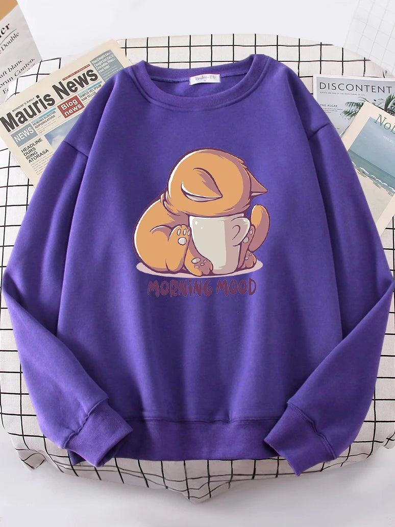 Cat Is Looking at the Cup Sweatshirt Female Fleece Hoody Crewneck Hoodies Pullover Oversize Sportswear