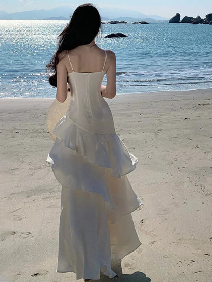 Spring Summer French Spaghetti Strap Long Dresses Female Slim Party Prom Robe One Piece Clothing