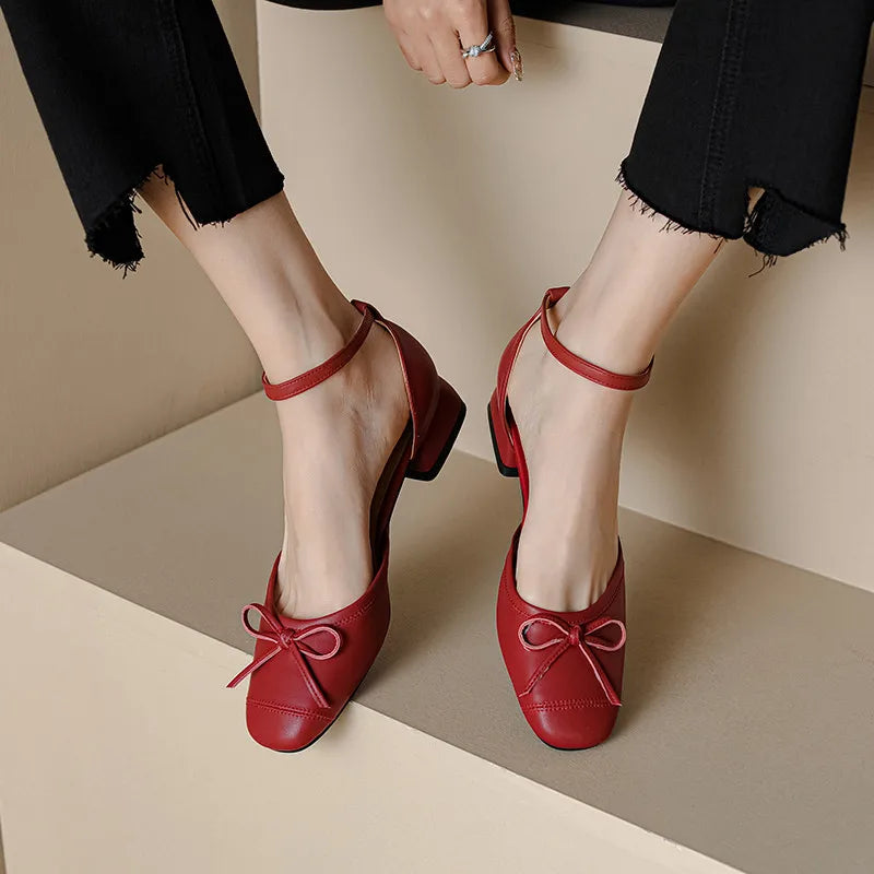 Pumps Spring Summer Sweet Retro Butterfly Knot Genuine Leather Thick Heels Ankle Strap Shoes Woman Party Wedding