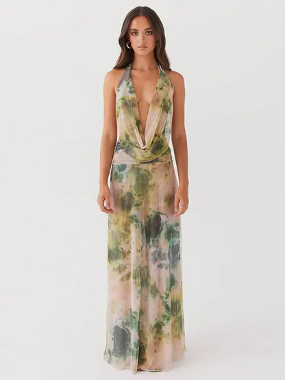 Printed Lace Up Deep Vneck Halter Dress Backless Sleeveless Long Dresses Summer Party Beach Vacation Vestido