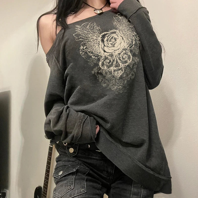 Graphic Print Slanted Collar Pullovers Y2k Street Outfits Harajuku Sweatshirt Grunge Style Retro Top