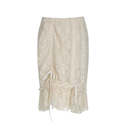 Low Waist Drawstring Pleated Kneelength Skirt Spring New Korean Hollow Color Lace Aline Skirt