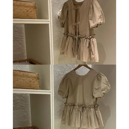 Allmatch Oneck Lace Up Blusas Mujer Summer New Ruched Shirts Y2k Puff Sleeve White Loose Blouses