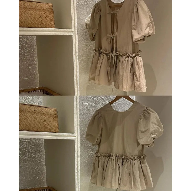 Allmatch Oneck Lace Up Blusas Mujer Summer New Ruched Shirts Y2k Puff Sleeve White Loose Blouses