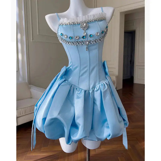 Birthday Party Strapless Dress Summer New Highend Blue Strap Sweet Princess Fluffy High Waist Slimming Mini Dress for