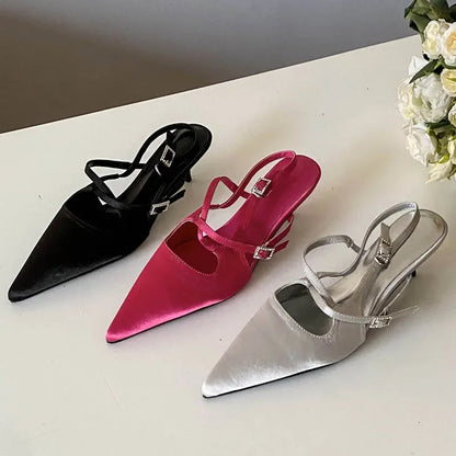 Narrow Band Buckle Strap Woman Pumps Pointed Toe Thin Low Heels Party Dress Female Shoes
