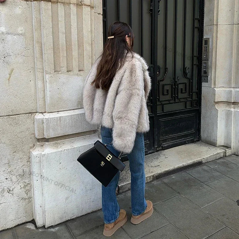 Street Gradient Faux Fur Jacket Winter Brand Fluffy Fox Fur Coat Female Outerwear