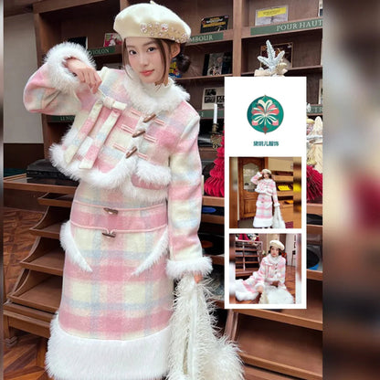 Winter Clothes New Splicing Sweet Woolen Set High End Bull Horn Buckle Grid Wool Coat Long Skirt Two Piece Set Outfits