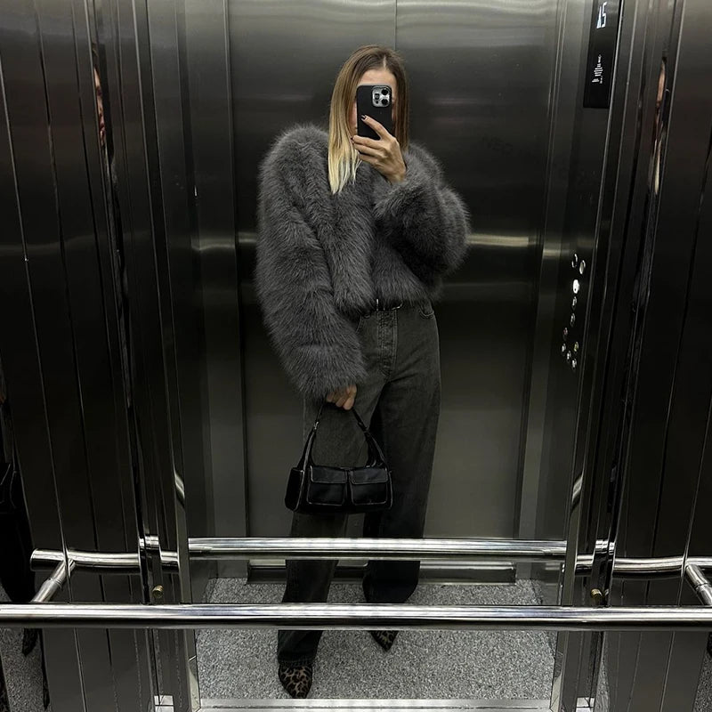 Street Gray Fluffy Short Faux Fox Fur Jacket Winter Hot Brand Thick Warm Eco Fur Coat Female