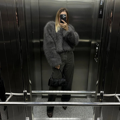 Street Gray Fluffy Short Faux Fox Fur Jacket Winter Hot Brand Thick Warm Eco Fur Coat Female