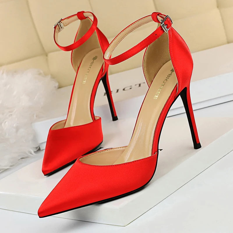 Shoes Satin With Shallow Pointed Pumps Buckle High Heels Female Shoes Stiletto Heels Sandals Party Shoes