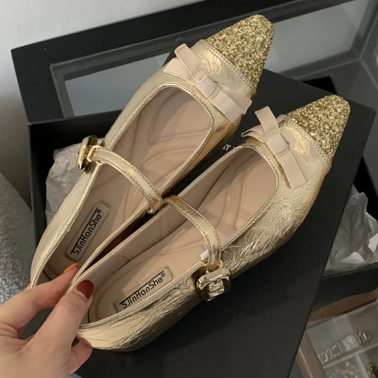 Bling Butterflyknot Mary Jane Shoes Flat Shoes Shallow Comfort Increased Internal Brand Dress Shoes