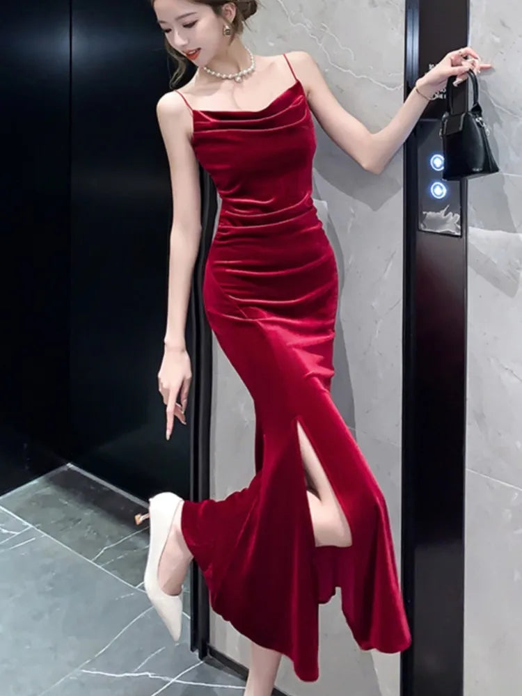 Split Velvet Midi Dresses Summer French Spaghetti Strap Wedding Party Female Clothing