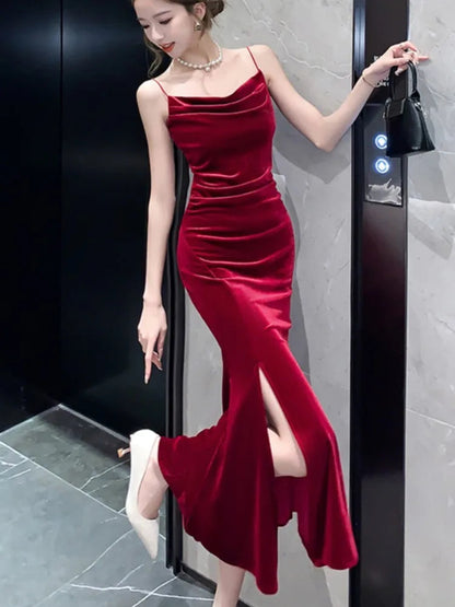 Split Velvet Midi Dresses Summer French Spaghetti Strap Wedding Party Female Clothing